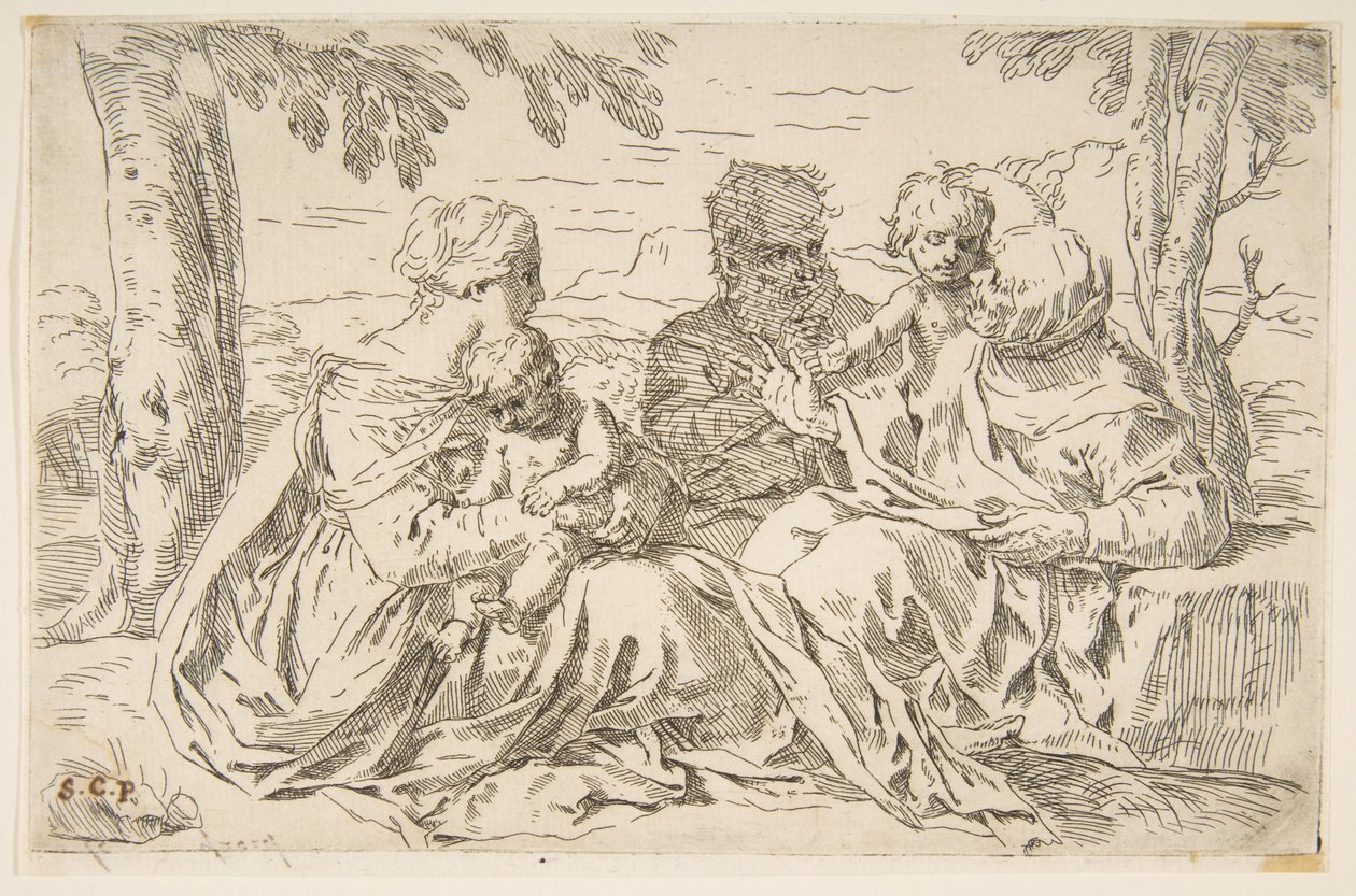 Hellig familie med Saint Elizabeth og Saint John the Baptist, ca. 1639. av Simone Cantarini