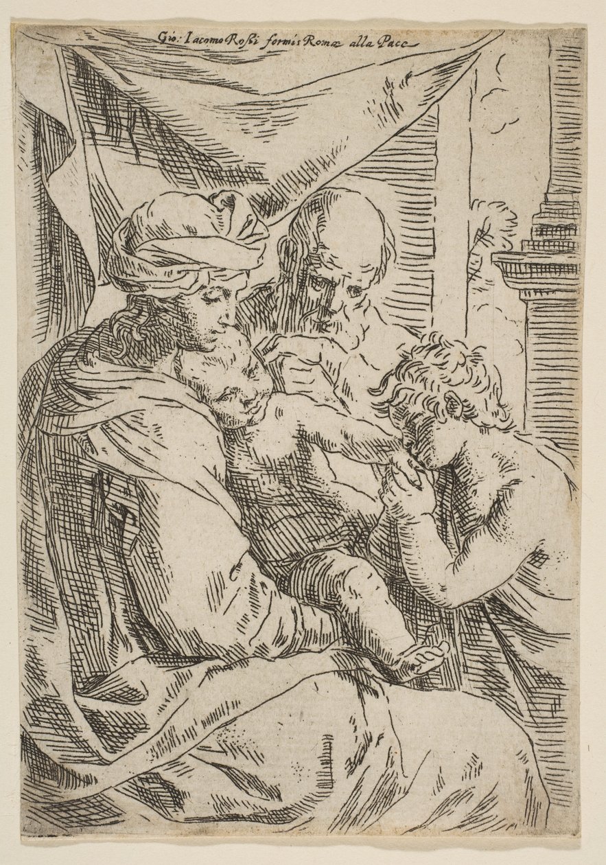 Hellig familie med døperen Johannes kysser spedbarnets Kristi hånd, ca.1642. av Simone Cantarini