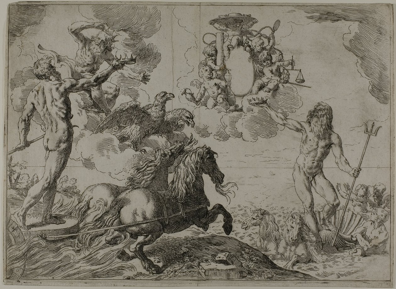 Jupiter, Neptun og Pluto tilbyr sine kroner til armene til kardinal Borghese av Simone Cantarini