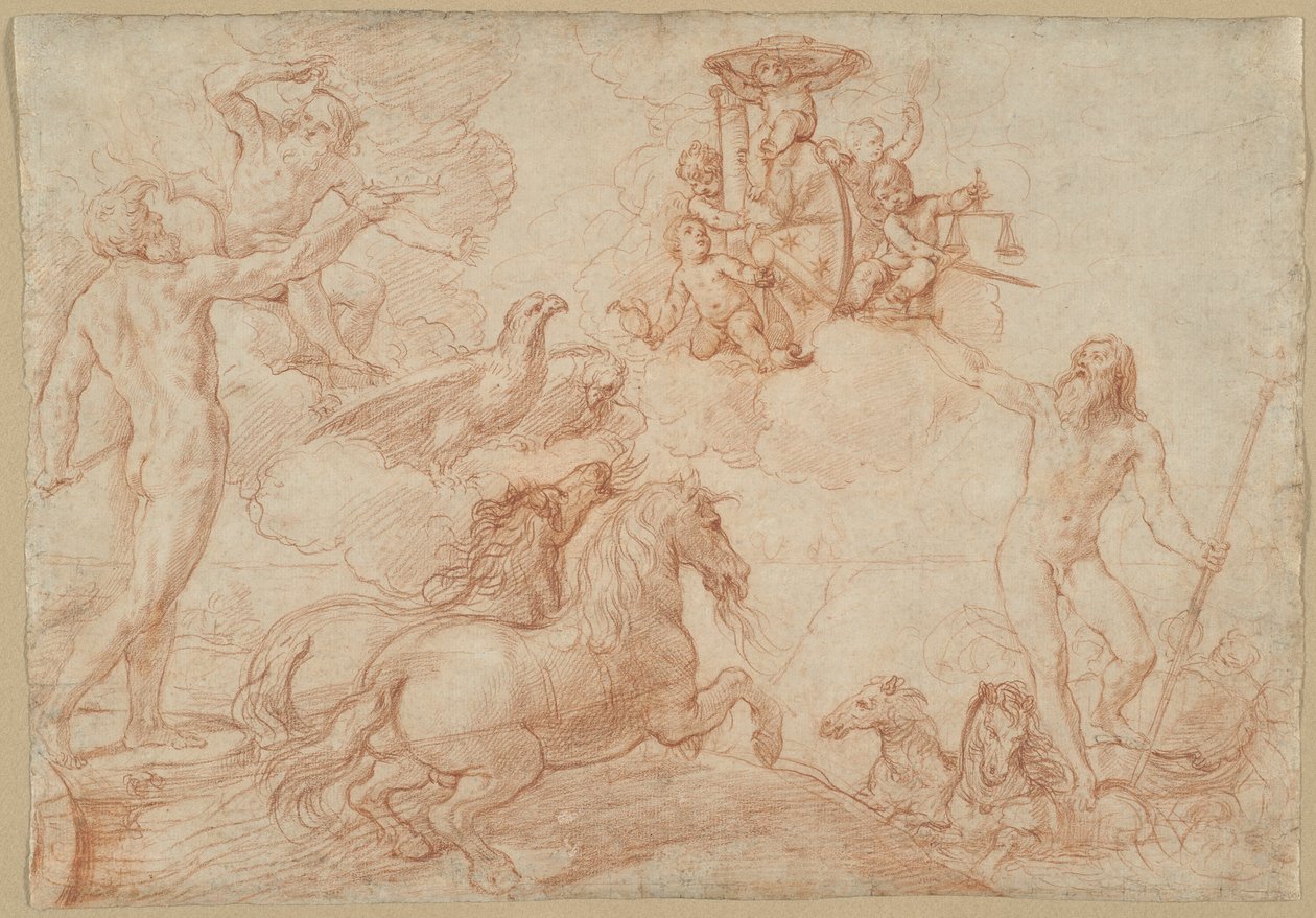 Jupiter, Neptun og Pluto hyller våpenskjoldet til kardinal Borghese av Simone Cantarini