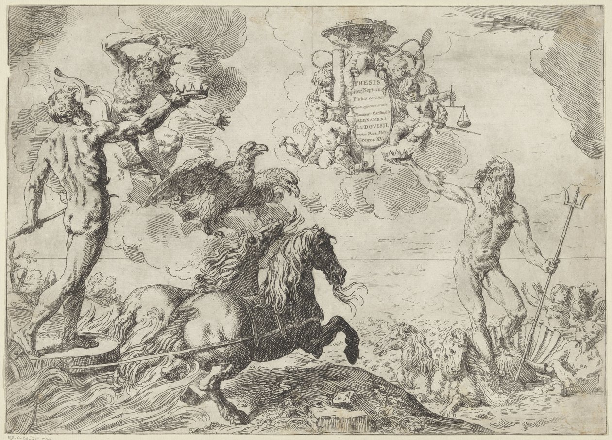 Jupiter, Neptun og Pluto tilbyr sin krone til kardinal Scipione Borgheses våpenskjold til avhandlingen Jupiter, Neptun et Pluto coronas suas offerunt armis (tittel på objekt) av Simone Cantarini