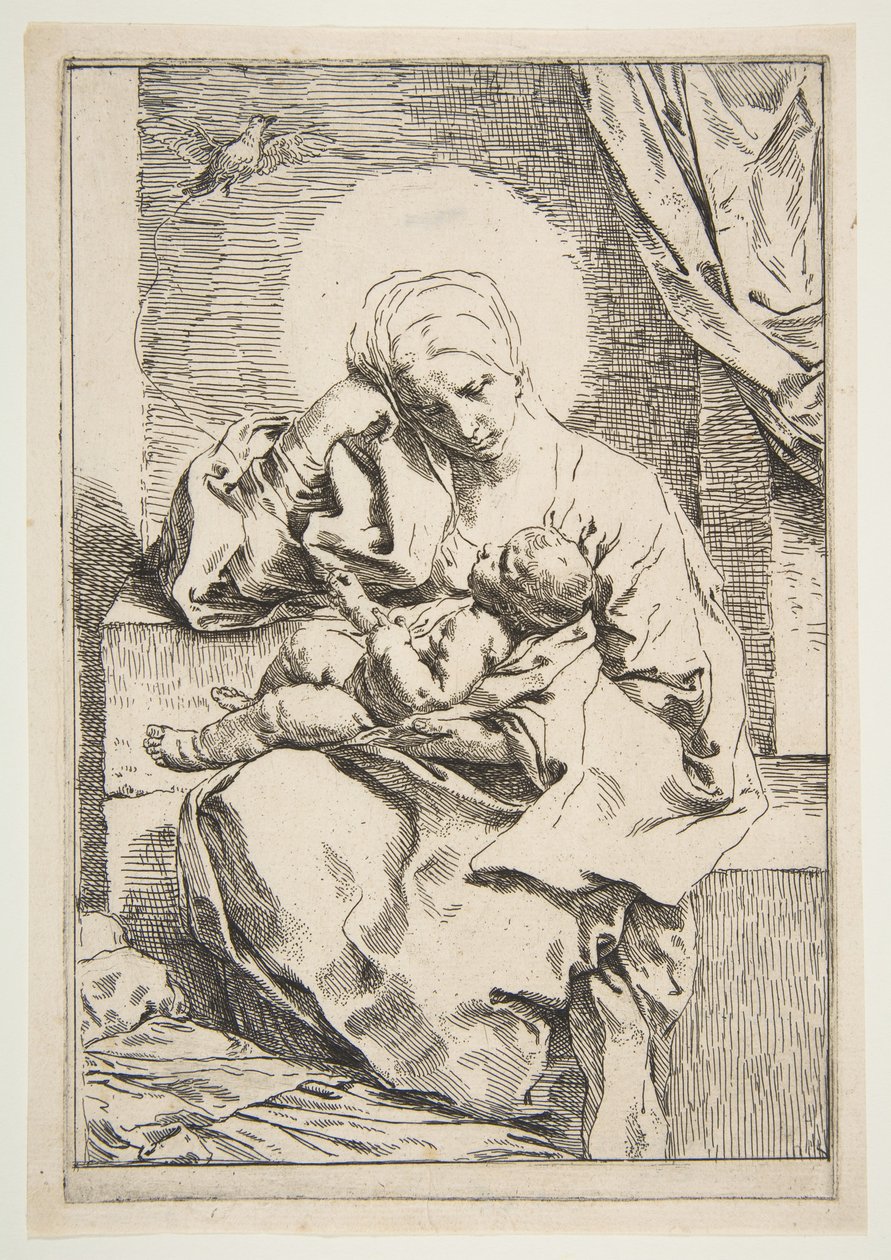 Madonna og barn med en fugl, ca. 1635-1636. av Simone Cantarini