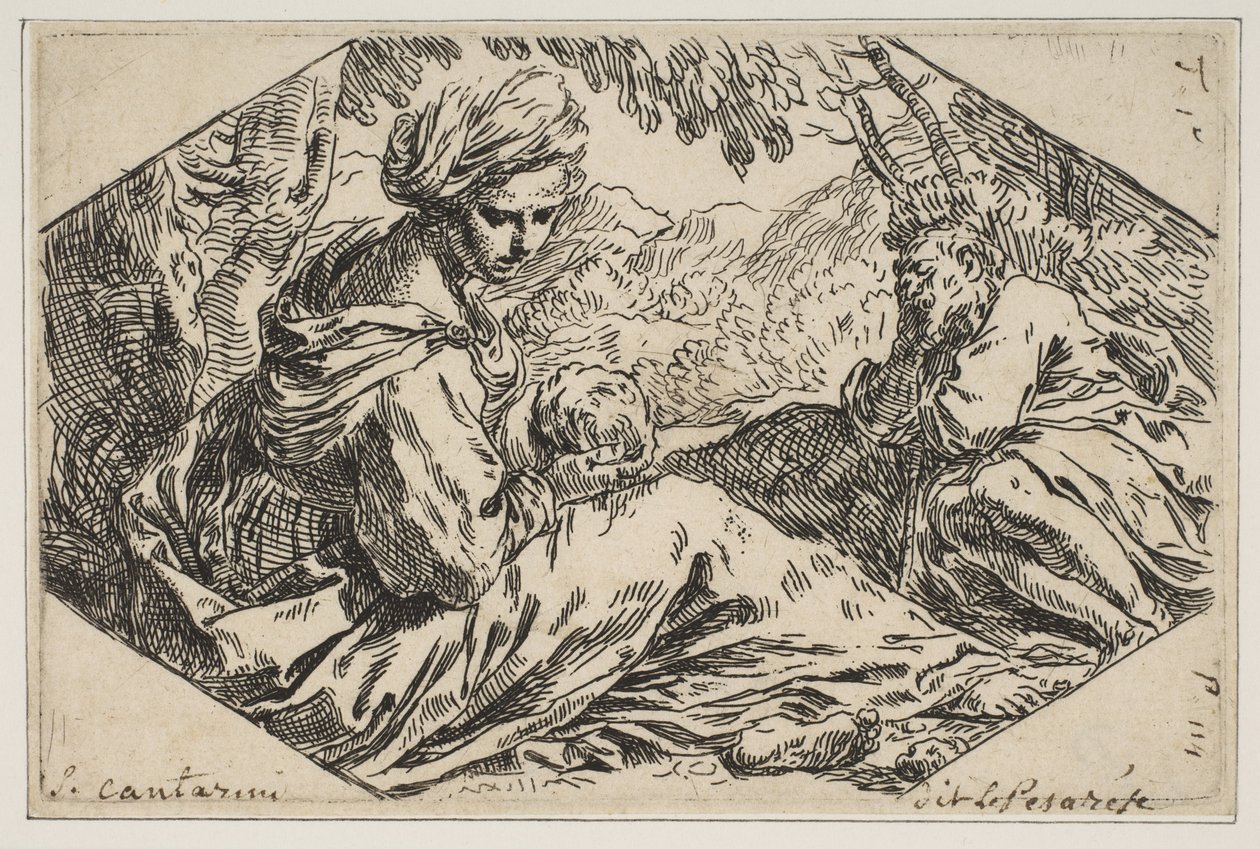 Hvil i Egypt, Maria holder og ser på spedbarnet Kristus mens St. Joseph s..., ca. 1637-1639. av Simone Cantarini