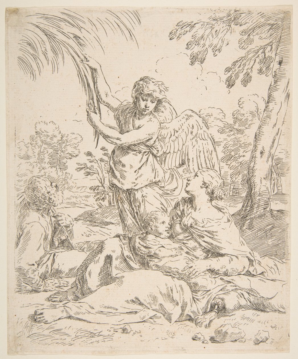 Hvil i Egypt, Maria ammer spedbarnet Kristus mens en engel drar i tregrener, ca. 1639. av Simone Cantarini
