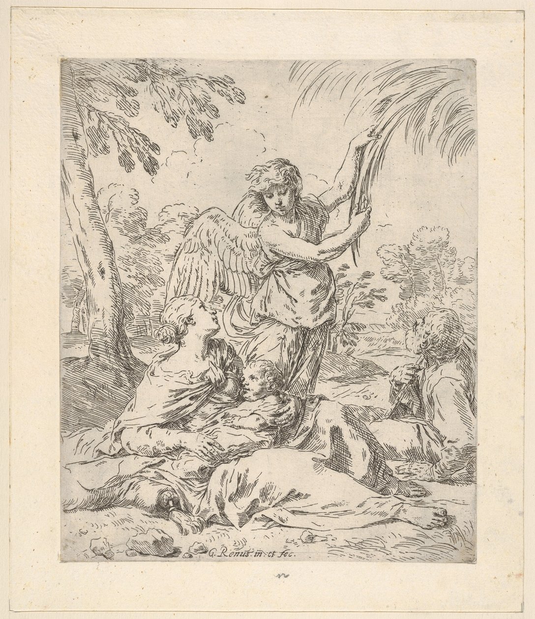 Hvil i Egypt, Maria som ammer spedbarnet Kristus mens en engel drar i en gren..., ca.1630-1648. av Simone Cantarini