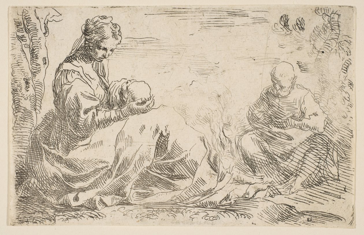 Hvil på flyturen til Egypt, Maria holder og ser på spedbarnet Kristus mens St...., ca. 1637. av Simone Cantarini