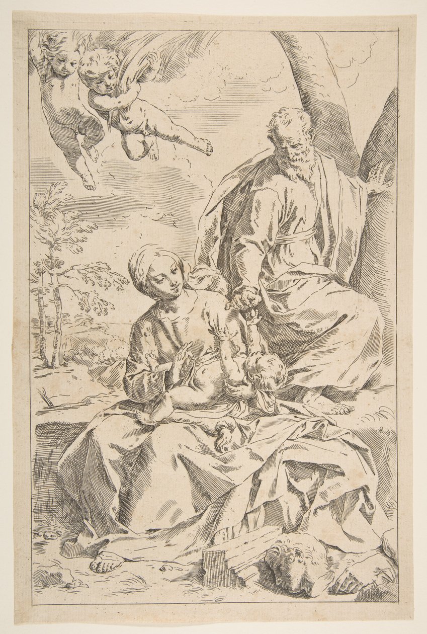 Hvil på flukten inn i Egypt, Maria holder spedbarnet Kristus mens St. Josef gir h..., ca. 1639. av Simone Cantarini