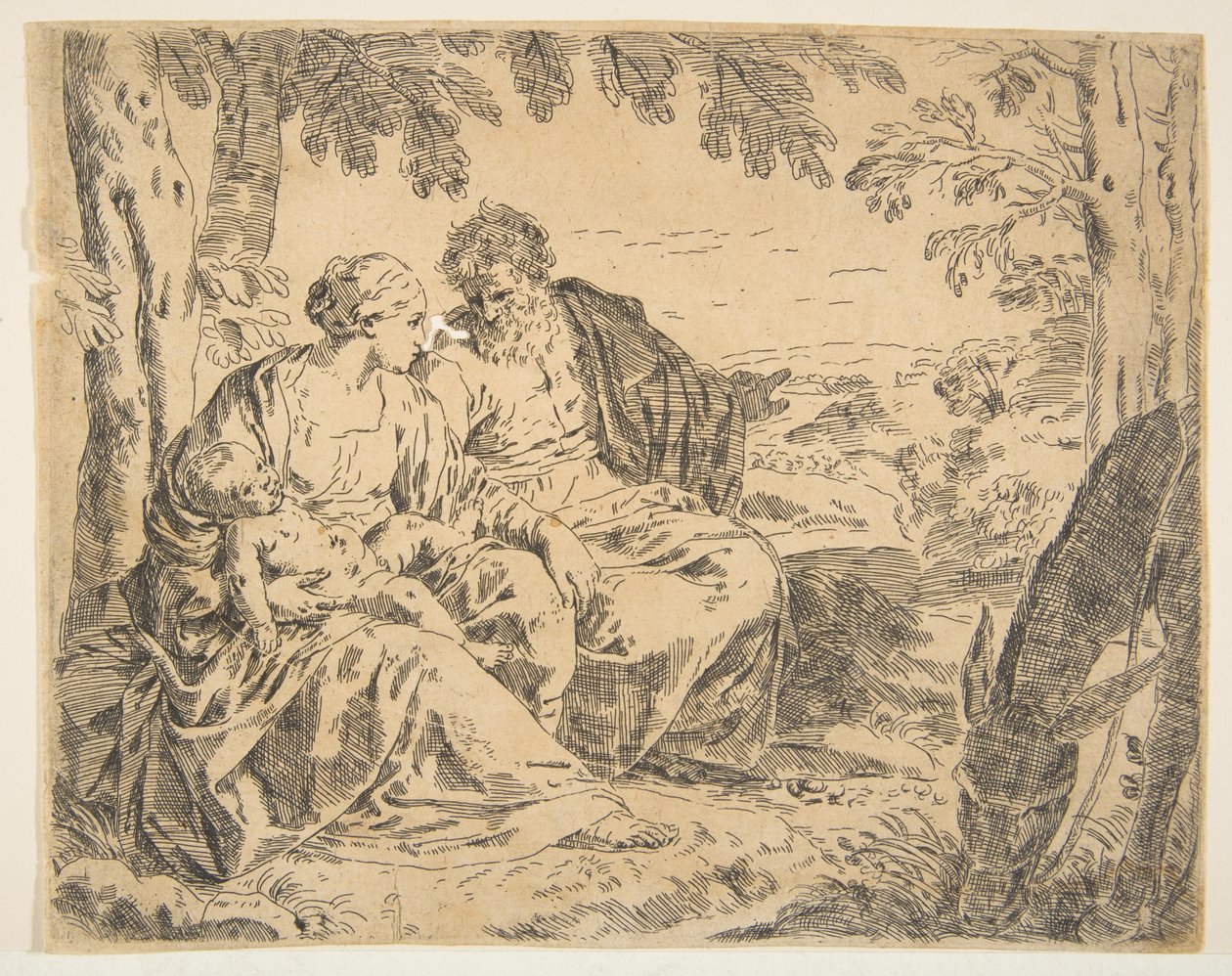 Hvil på flyturen til Egypt, Maria holder spedbarnet Kristus mens St. ..., ca. 1637-1639 eller senere. av Simone Cantarini