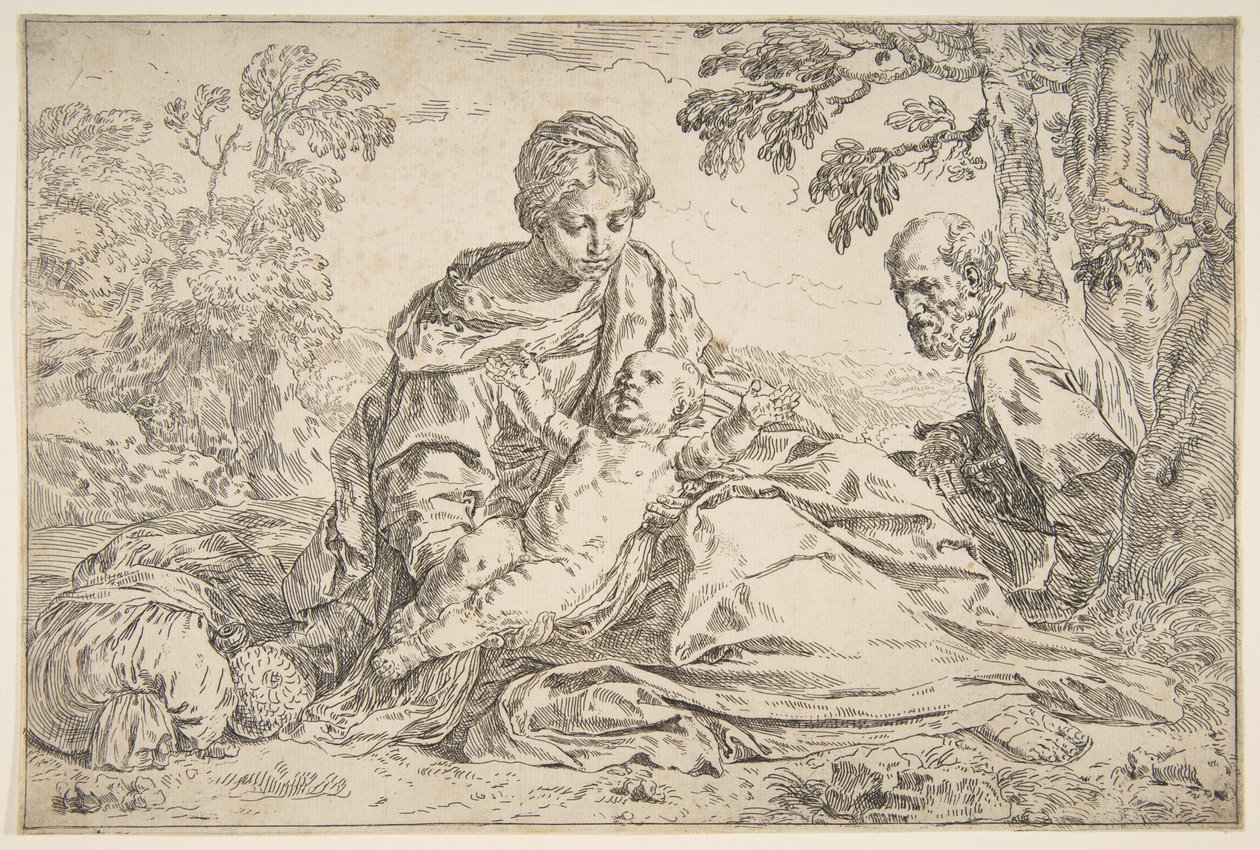 Hvil på flyturen til Egypt, Maria holder spedbarnet Kristus med St. Joseph til høyre, ca. 1640. av Simone Cantarini