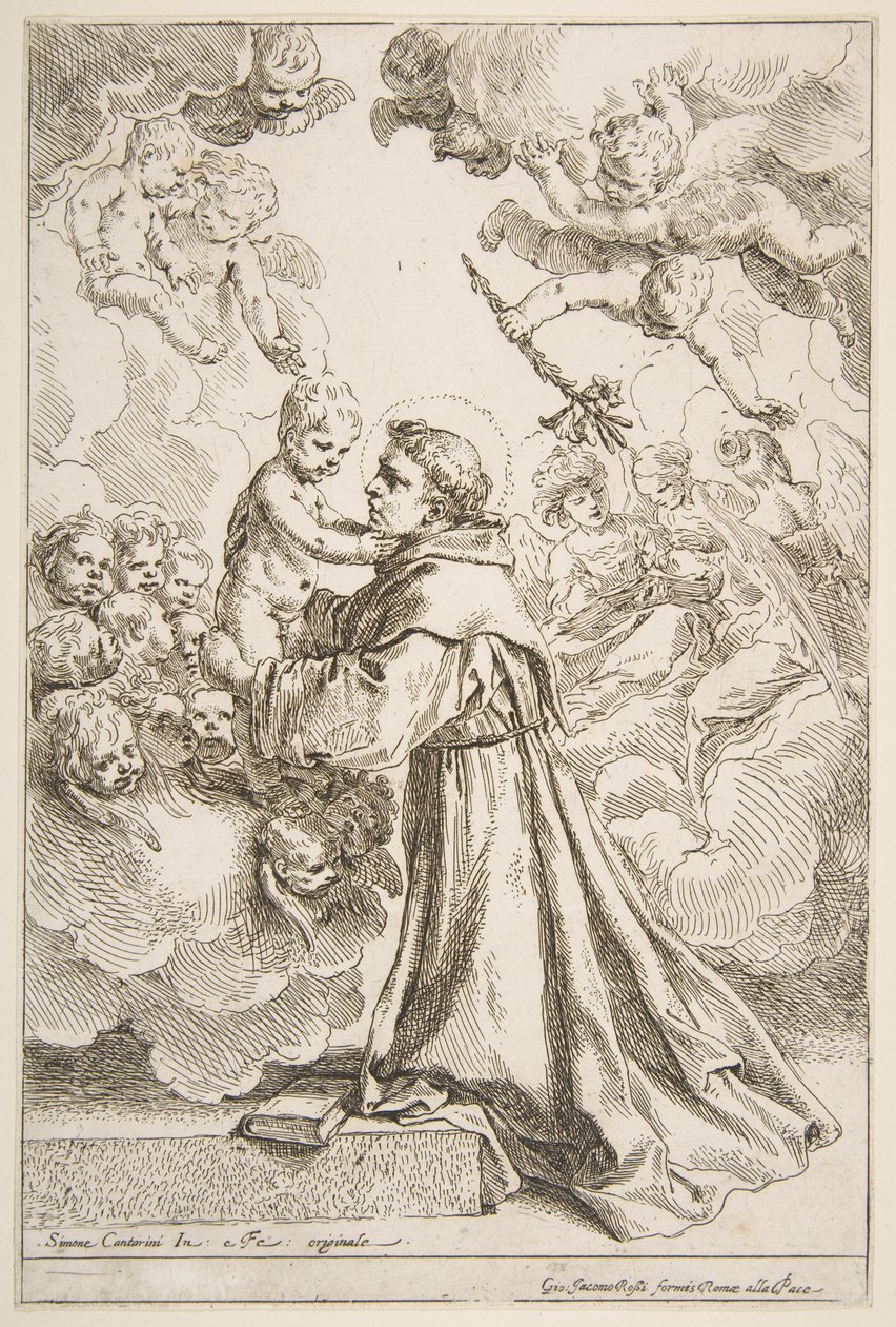 Den hellige Antonius av Padova tilber Kristusbarnet i herlighet av Simone Cantarini