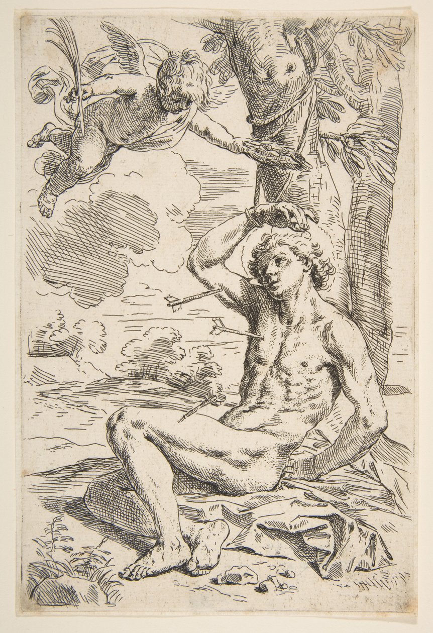 Saint Sebastian gjennomboret med piler og bundet til et tre, ca. 1639. av Simone Cantarini