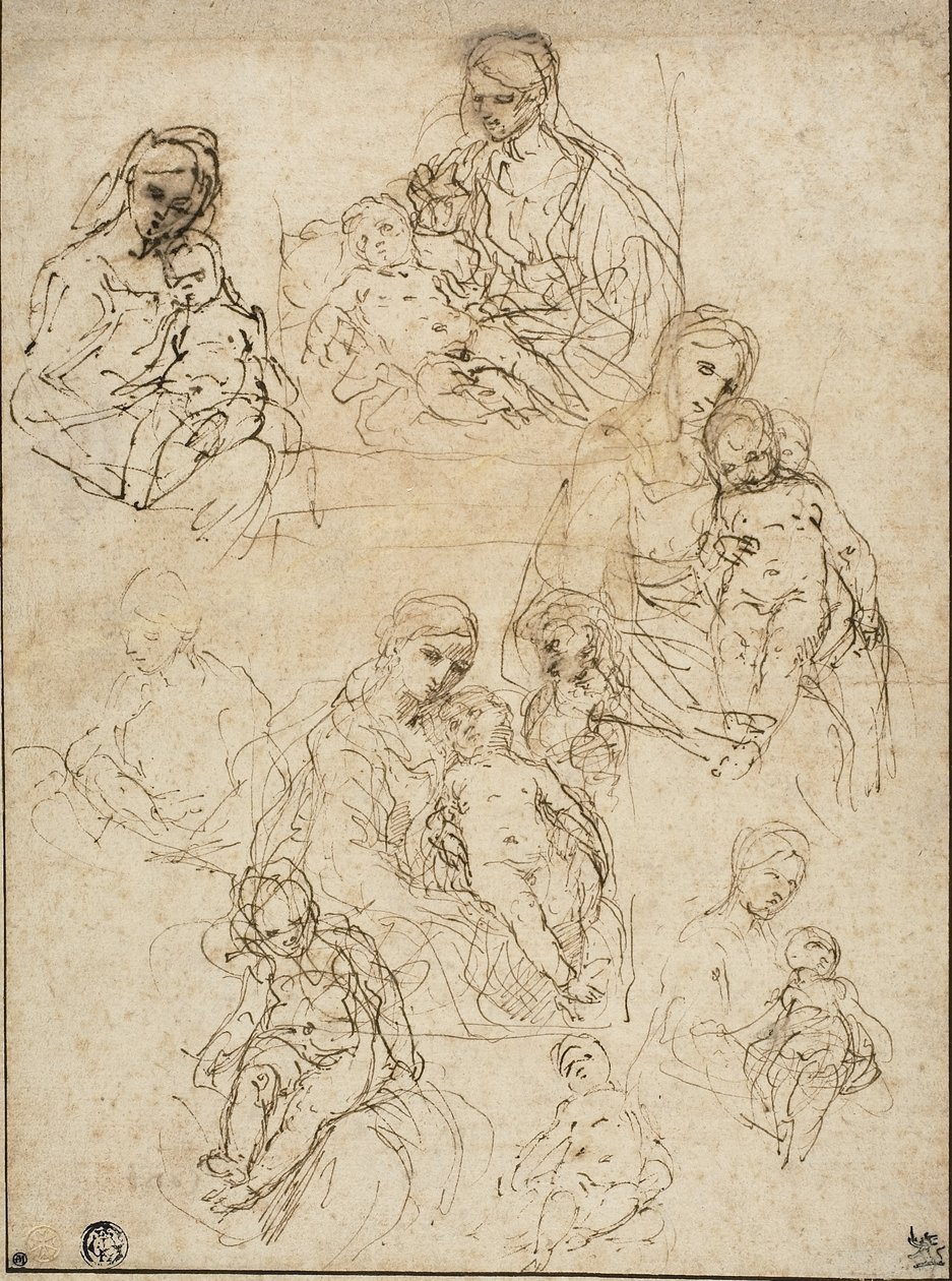 Skisser av jomfruen og barnet og den hellige familie, 1642-48 av Simone Cantarini