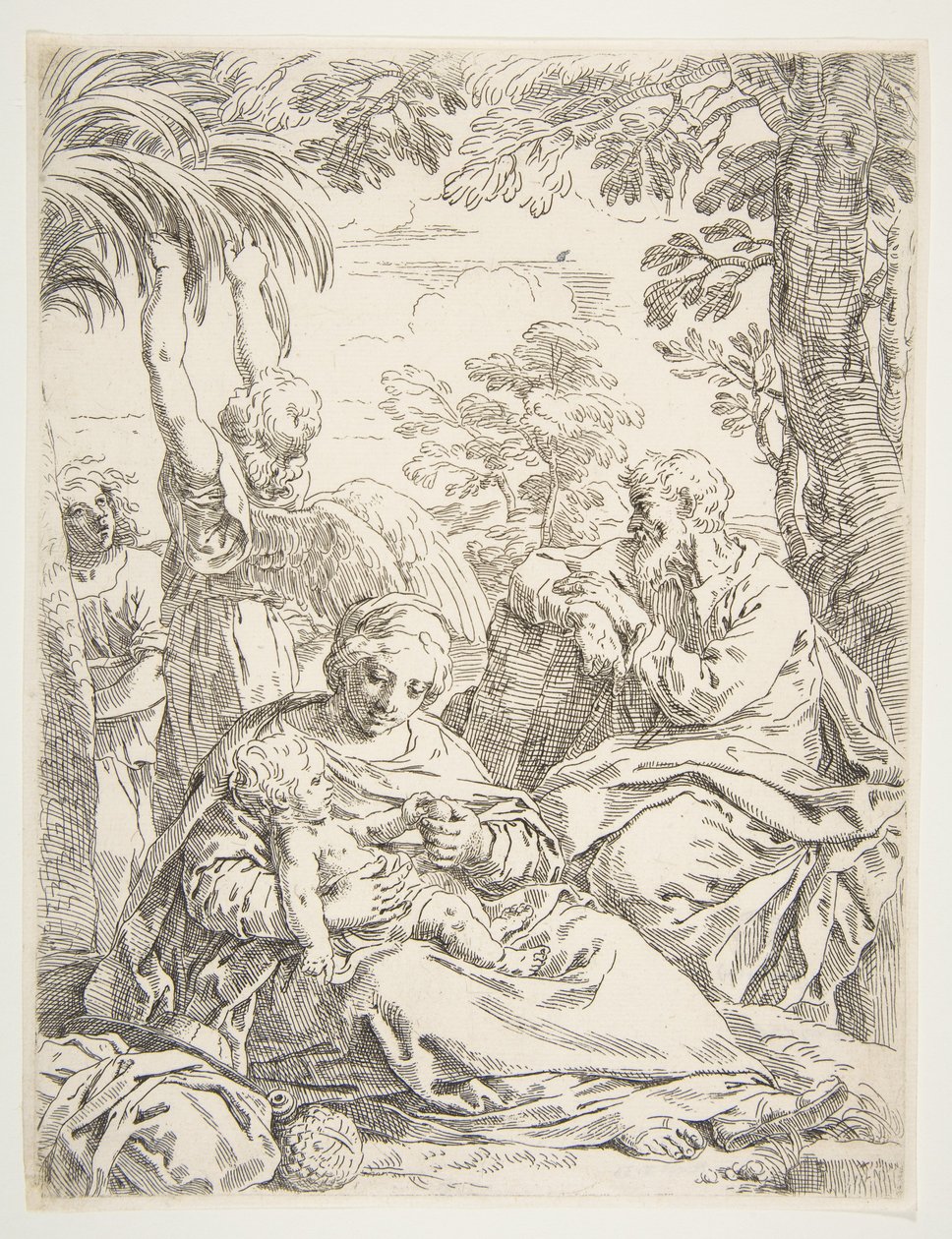 Den hellige familie hviler på flukt til Egypt, ca. 1637-1639. av Simone Cantarini