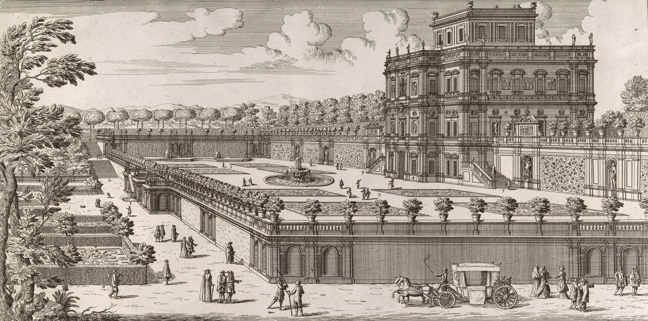 Utsikt over fasaden til Palazzo Pamphili og dens hage Secondo Prospetto Pe..., etter av Simone Felice
