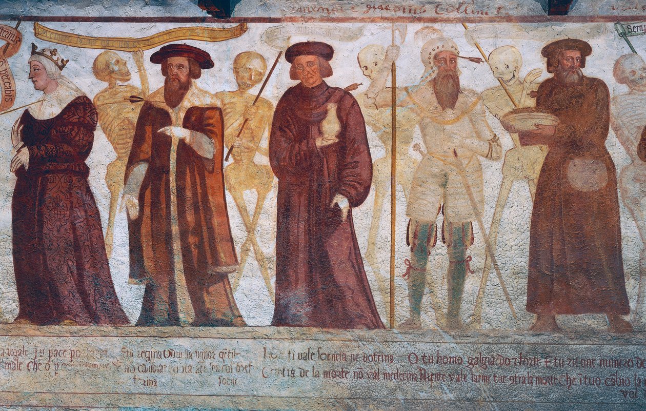 Døden med dronningen, hertugen, legen og den rike gjerrig, detalj fra Dødsdansen av Simone II Baschenis