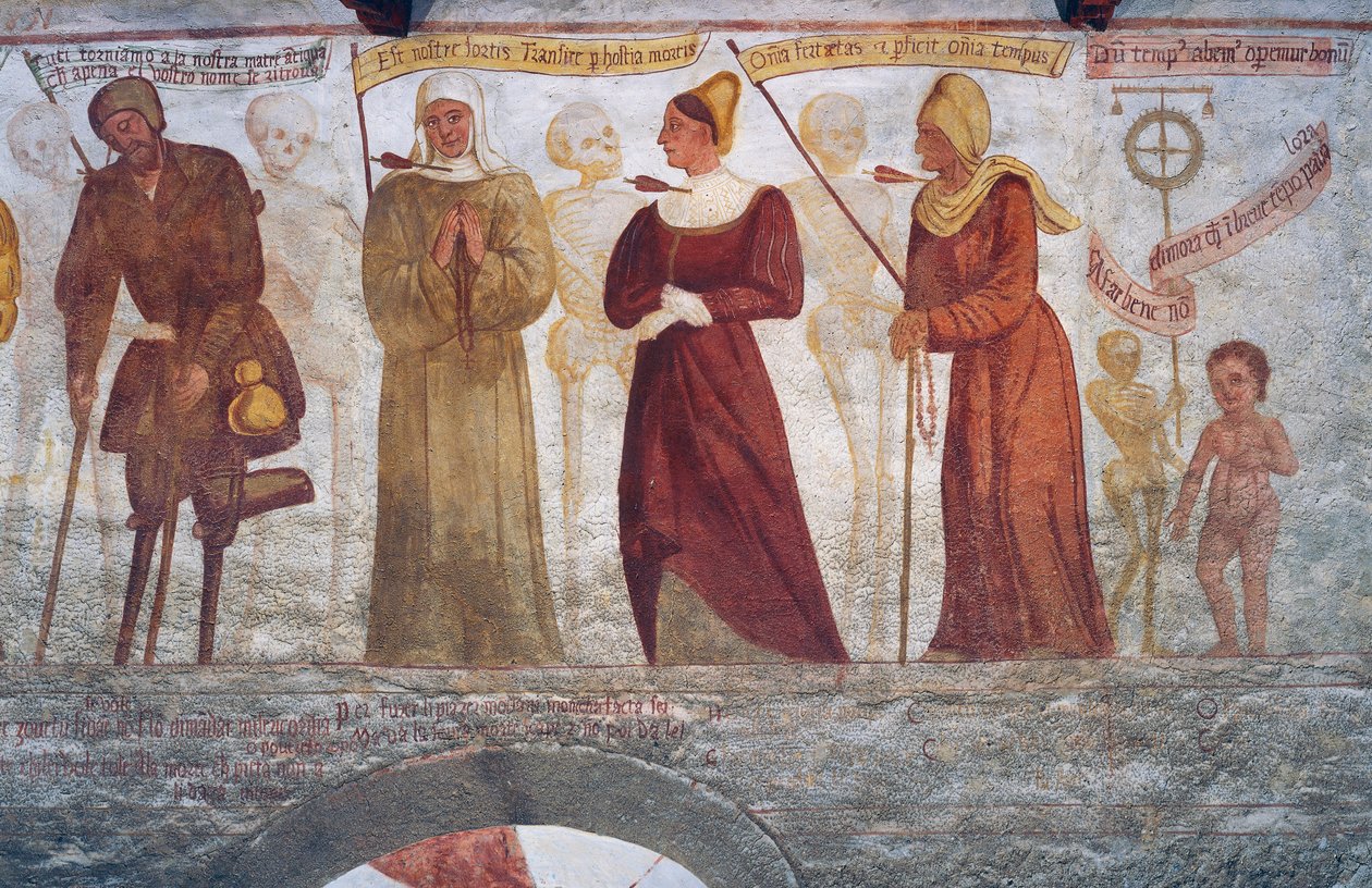 Døden med den lamme mannen, nonnen, den unge kvinnen, den gamle kvinnen og barnet, detalj fra Dødedansen av Simone II Baschenis