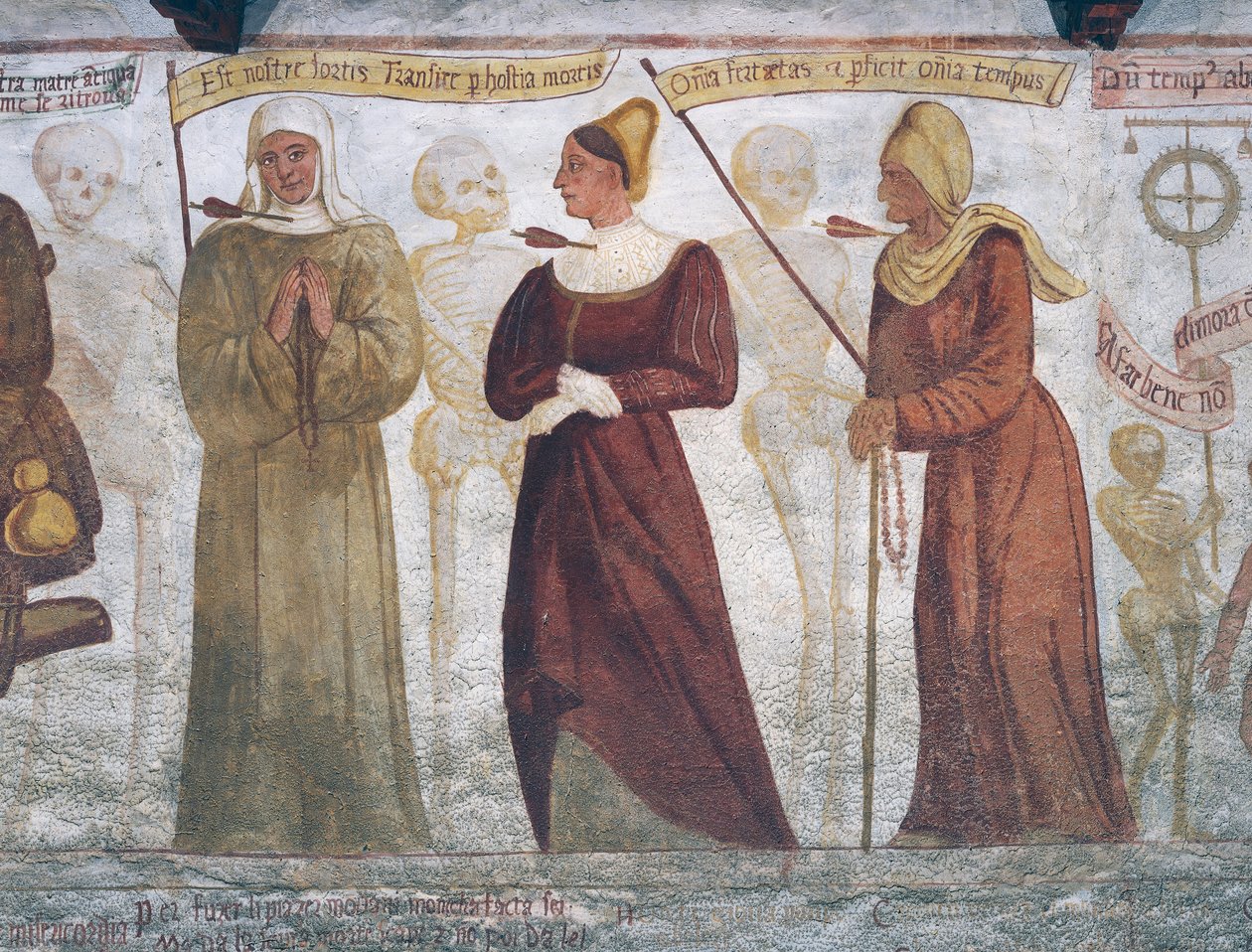 Døden med nonnen, den unge kvinnen og den gamle kvinnen, detalj fra Dødsdansen av Simone II Baschenis