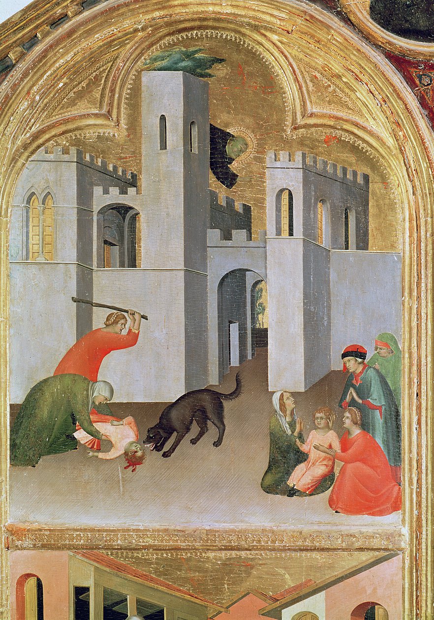 Agostino Novella Redder et barn som har blitt bitt av en hund, detalj fra den salige Agostino Novello-altertavlen, ca. 1328 (tempera på panel) av Simone Martini