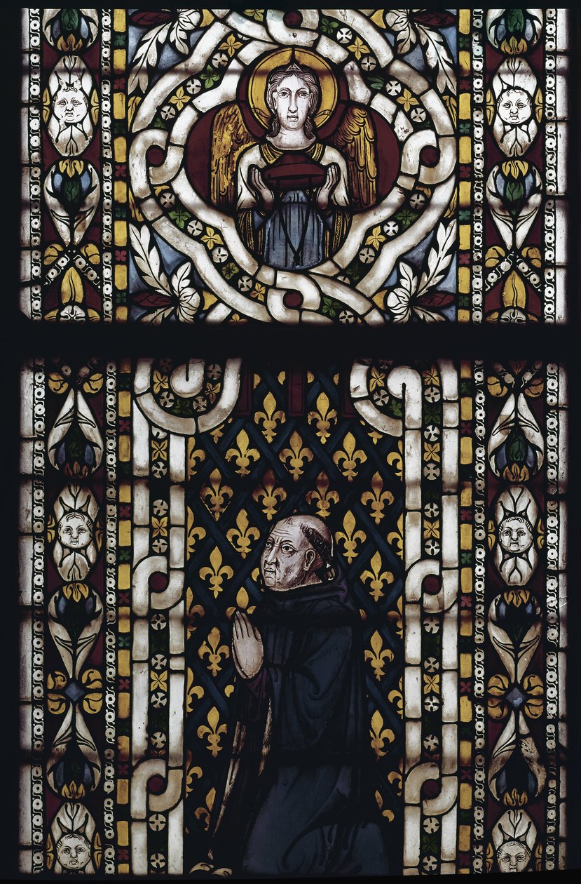 Kardinal Gentil av Montefiore (Gentile Partino da Montefiore, Gentilis av Monteflorum, ca. 1240-1312) kneler - Glassmaleri av Simone Martini (ca. 1284-1344), cm. 570 x 400. Basilica of St. Francis of Assisi, Lower Church, Chapel of St. Louis, Assisi av Simone Martini