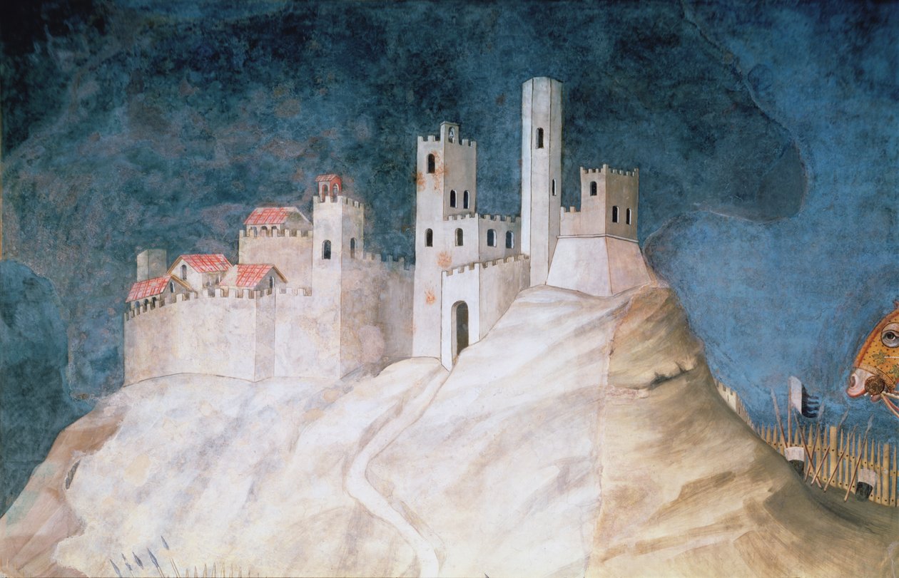 Minnemarkering av Guidoriccio da Fogliano ved beleiringen av Montemassi, detalj av festningen Montemassi, fra Sala del Mappamondo, 1328 av Simone Martini