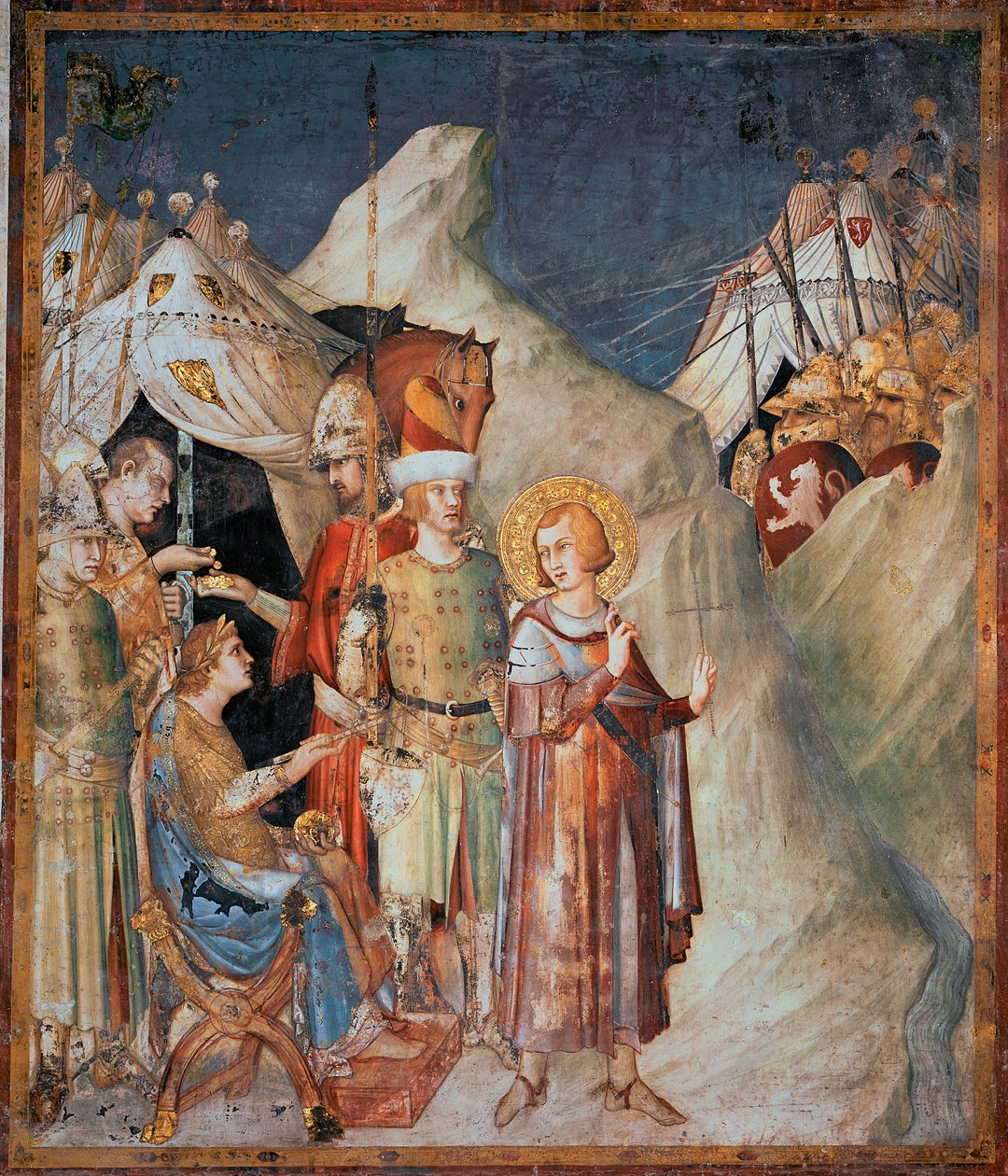 Episoder av Saint Martins liv: "" Saint Martin of Tours gir avkall på våpen"" Fresco av Simone Martini (1285-1344). 1312-1317 - Dim 265x230 cm Nedre basilika av Saint Frans av Assisi; St. Martin-kapellet, Assisi av Simone Martini