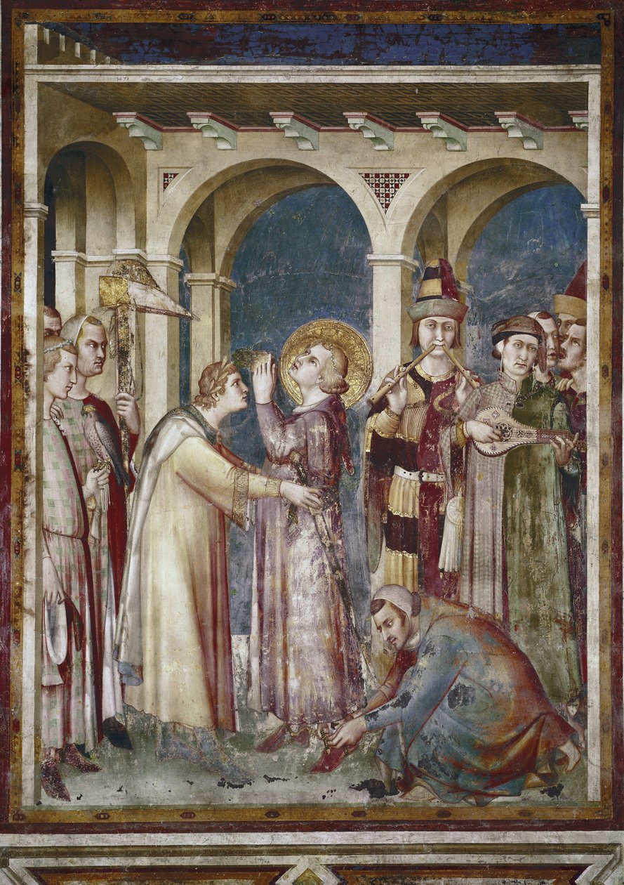 Freske av Saint Martins liv. Saint Martin er en ridder, detalj. The eveque Saint Martin de Tours og musikerne. Maleri av Simone Martini (1280-1344). Fresco av Simone Martini