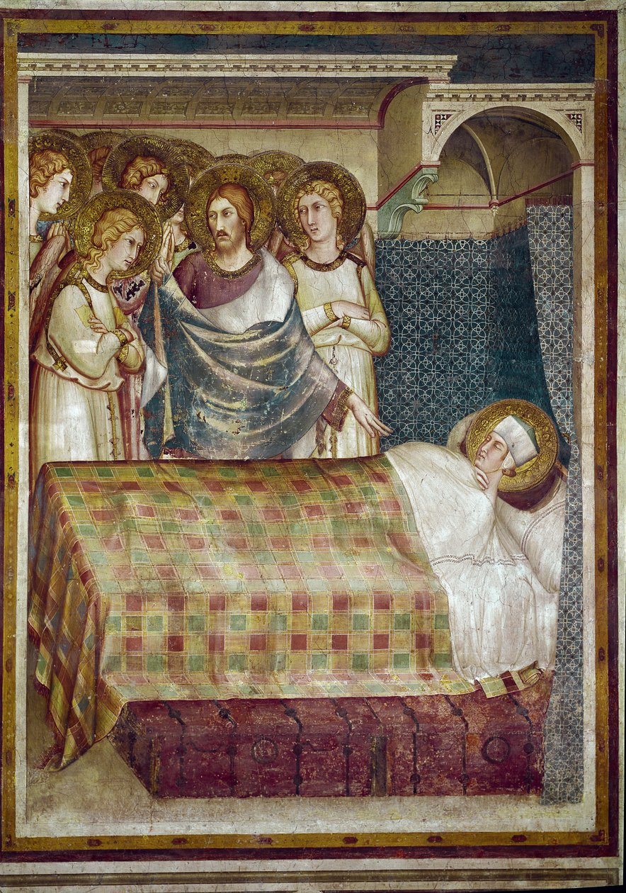 Freske av livet til Saint Martin. Sankt Martins drøm: Kristus, omgitt av engler, åpenbarer for ham at han var tiggeren han ga frakken sin. Maleri av Simone Martini (1280-1344). Fresco av Simone Martini