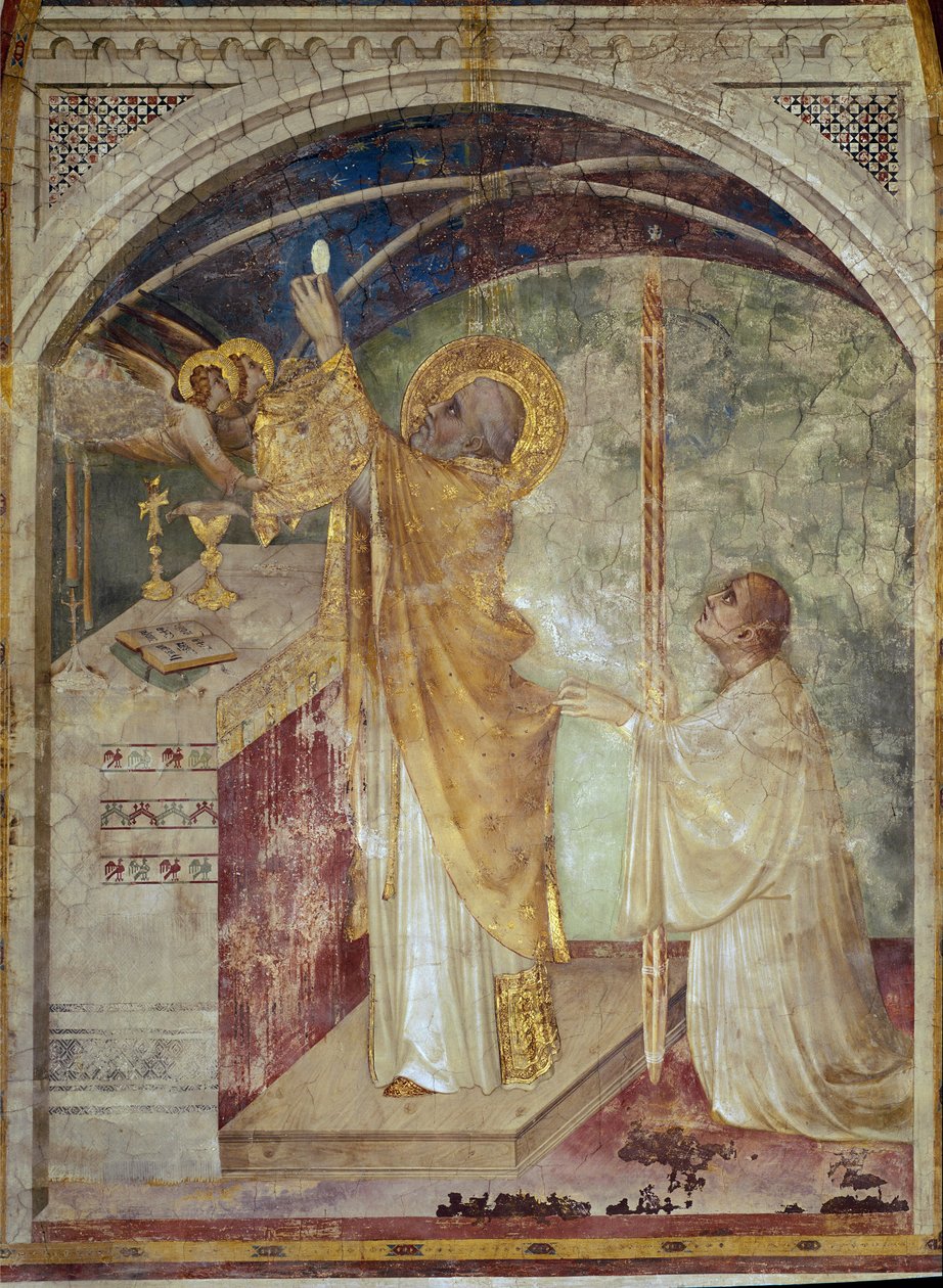 Freske av Saint Martins liv. Den mirakuløse messen til Saint Martin av Tours. For å belønne ham for gaven av kappen hans til en fattig mann, dukker to engler opp i Saint Martin mens han hever verten foran alteret. Maleri av Simone Martini (1280 av Simone Martini