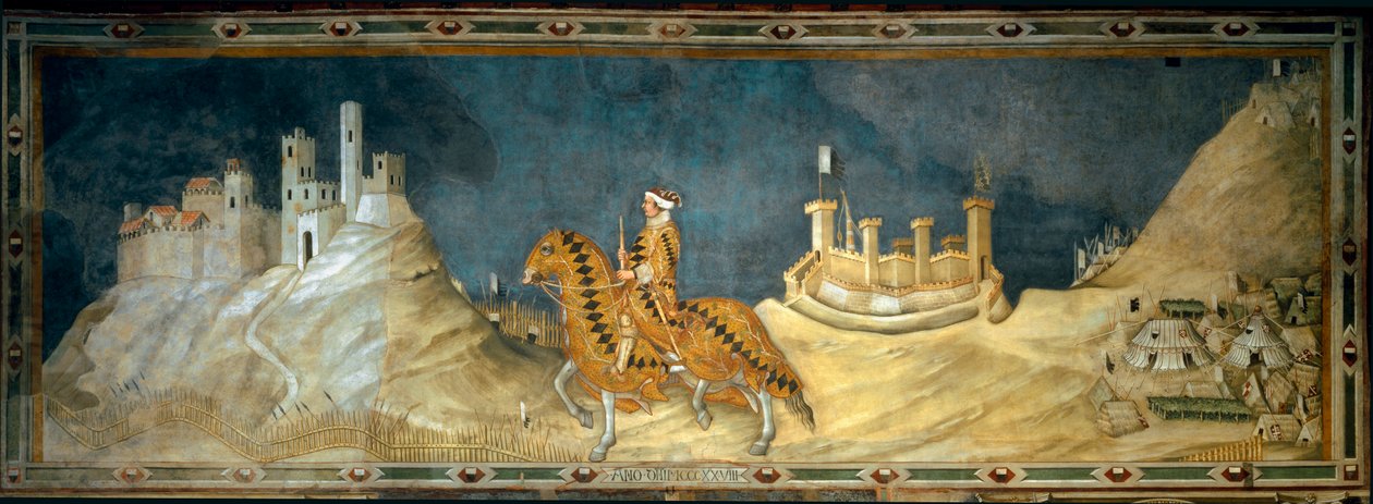 Guidoriccio da Fogliano. representasjon av Guido Riccio da Fogliano (død 1352), kommandør (condottiero) for Siena-hæren, under erobringen av slottet Montemassi i Maremma (Maremma) i 1328. Maleri av Simone Martini (1280-1344) av Simone Martini