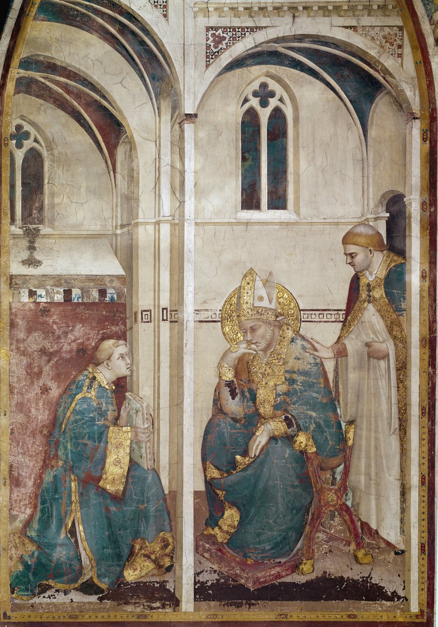 Life of Saint Martin of Tours (316-397): Saint Martin i meditasjon (Saint Martin of Tours mediterer) - Fresco av Simone Martini (ca. 1284-1344), ca. 1312-1317, cm. 390x200 - Basilica of Saint Francis of Assisi, nedre kirkekapell Saint Martin, Assisi av Simone Martini