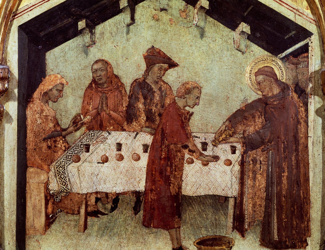 Louis serverer munkene ved bordet, detalj fra livet til Louis av Toulouse, fra predellaen til Saint Louis biskop av Toulouse som kronet sin bror Robert av Anjou, kongen av Napoli av Simone Martini