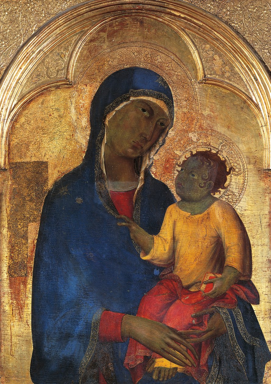 Madonna and Child, detalj fra San Domenico-altertavlen av Simone Martini (1283-1344), tempera og gull på trepanel av Simone Martini