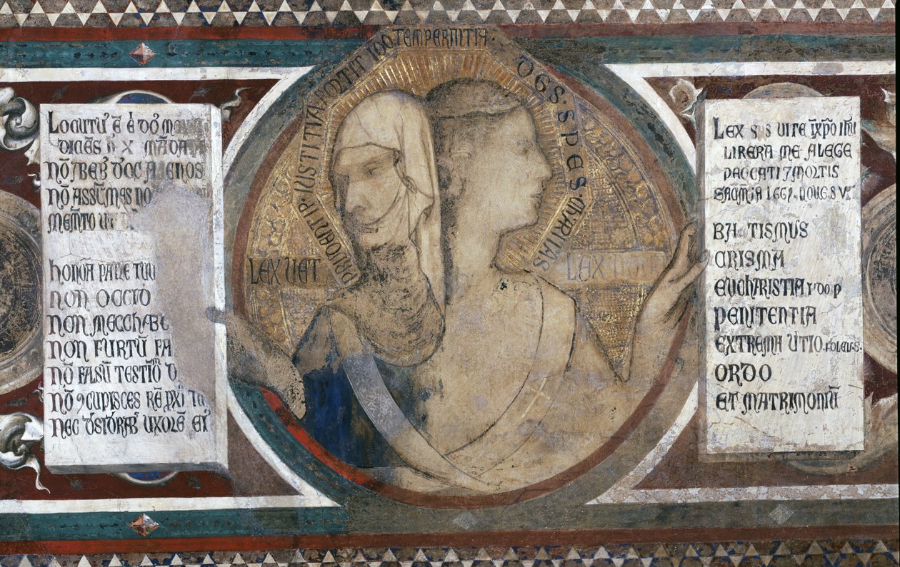 Maesta: Tosidig figur som representerer gammel lov og ny lov, detalj fra rammen, 1315 detalj av 51591 av Simone Martini