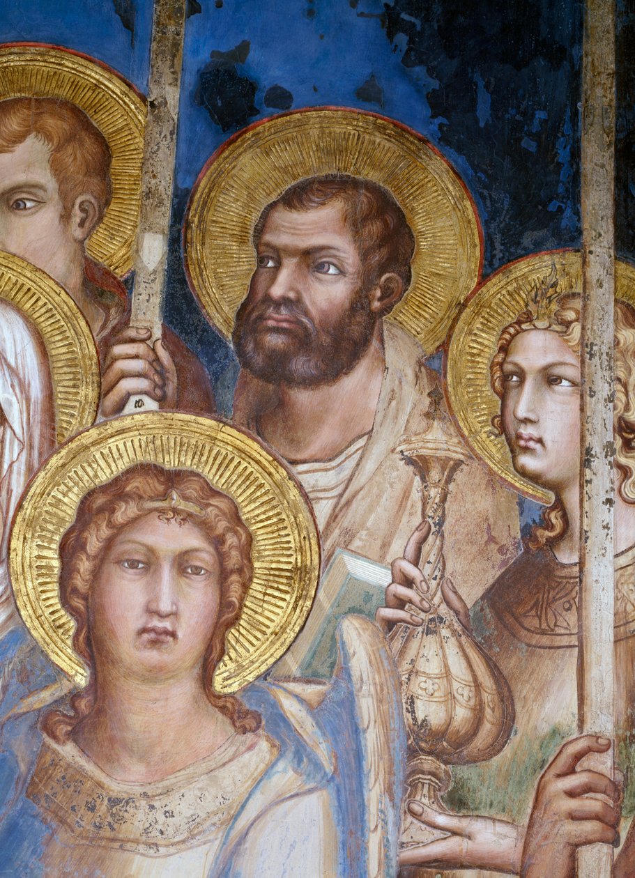 Maesta, detalj av helgenene, freskomaleri fra 1315 av Simone Martini