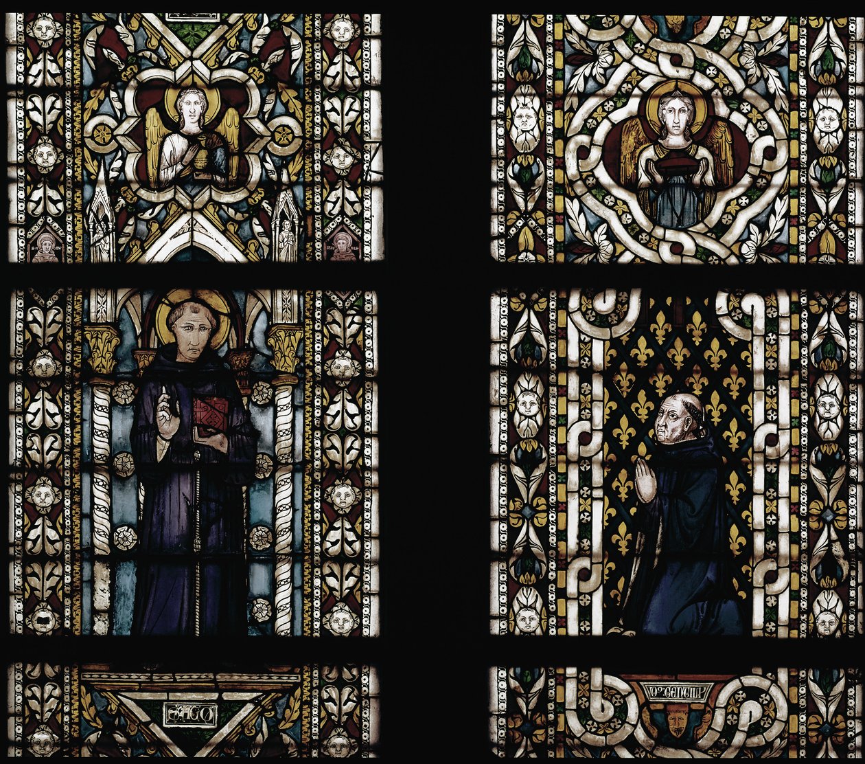 Den hellige Antonius av Padua (1195-1231) og kardinal Gentile av Montefiore (Gentile Partino da Montefiore, Gentilis av Monteflorum, ca. 1240-1312) knelende (St. Anthony av Padua og Gentile da Montefiore) - Glassmaleri av Simone Martini (ca. 1284-1344), cm av Simone Martini
