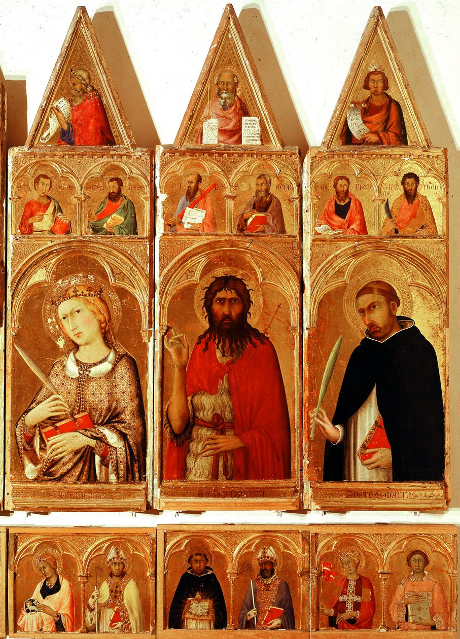 Saint Catherine of Alexandria, Saint John the Baptist, Saint Peter of Verona. Detalj av Saint Catherine of Alexandria Polyptych (tempera og gull på tre av Simone Martini