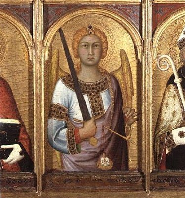 St. Michael, detalj fra altertavlen til SS Geminianus, Michael og Augustine, ca. 1319 (tempera med gull og sølv på panel) (detalj av 58835) av Simone Martini