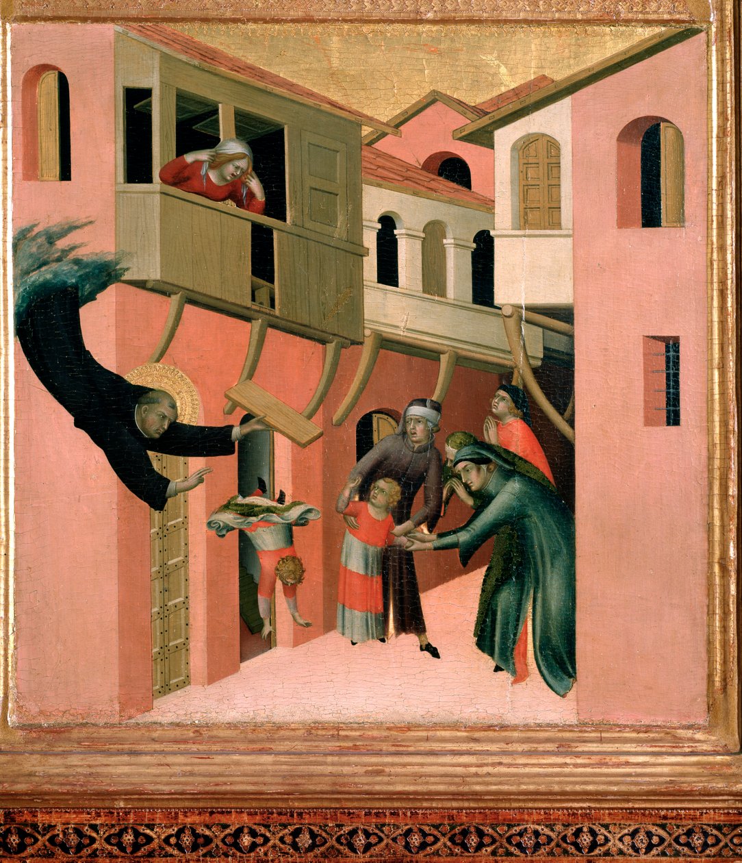 Den italienske munken Agostino Novello sier det Panormitano og representasjonen av fire av hans mirakler barnet faller fra balkongen, - tempera på panel av Simone Martini