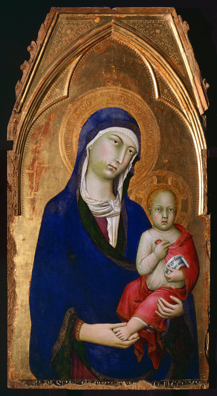 Madonnaen og barnet, detalj fra altertavlen til St Dominic, av Simone Martini (1283-1344), tempera og gull på trepanel av Simone Martini