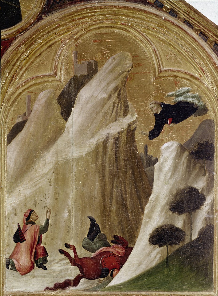 Miraklet med at ridderen falt fra klippen og forble i live. En del av triptyken History of Hermit of St. Augustine (Tempera på tre av Simone Martini