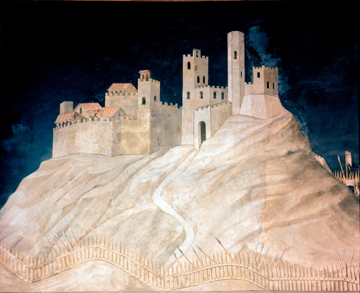 Utsikt over slottet Montemassi i Maremma (Maremma) i 1328. Fresco av Simone Martini (1284 ca.-1344) av Simone Martini