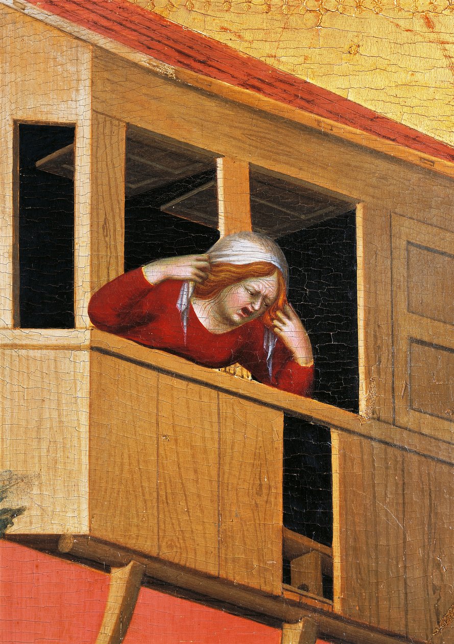 Kvinne lener seg over balkongen, detalj fra altertavle med tittelen Salige Agostino Novello og historier om hans liv, av Simone Martini (1283-1344), olje på lerret, 200x256 cm, ca 1330 av Simone Martini
