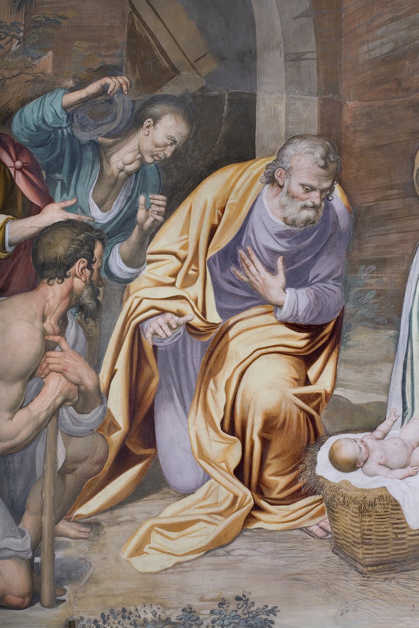Tilbedelse av hyrdene, 1578-82 (detalj av 3497111) av Simone Veneziano Peterzano