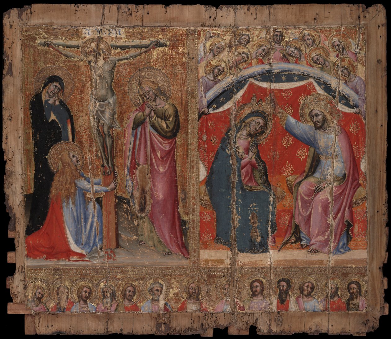 Liten altertavle som viser korsfestelsen, kroningen av jomfru Maria og Kristus og apostlene av Simone dei Crocifissi