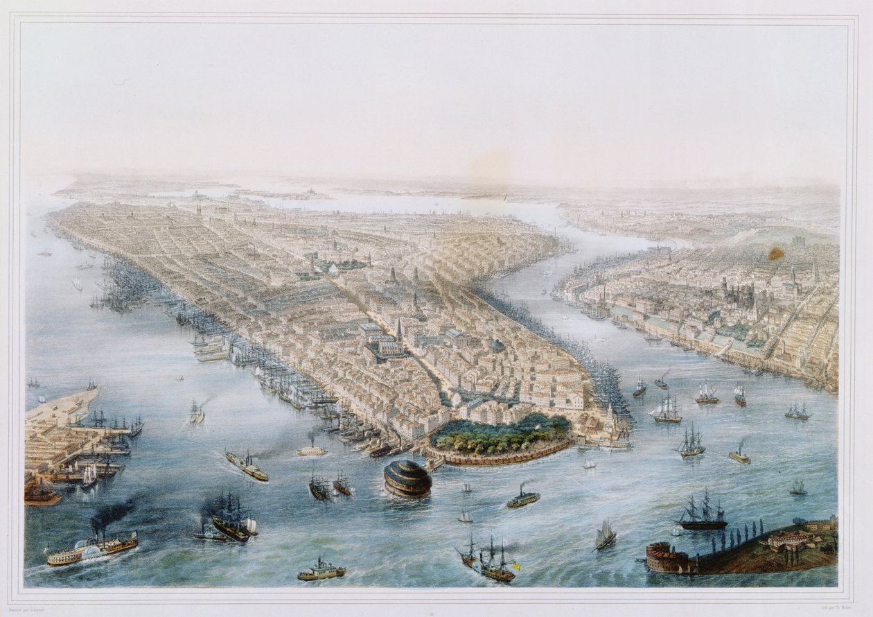 Luftfoto av New York og Brooklyn, gravert av T.H. Muller, utgitt av L. Turgis, Paris, ca. 1850 av Simpson