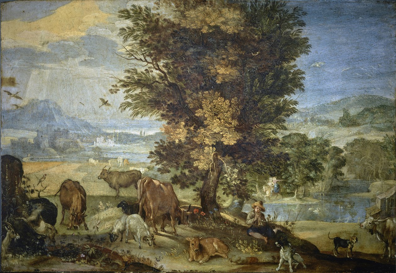 Landskap med gjeter og dyr (olje på kobber) av Sinibaldo Scorza