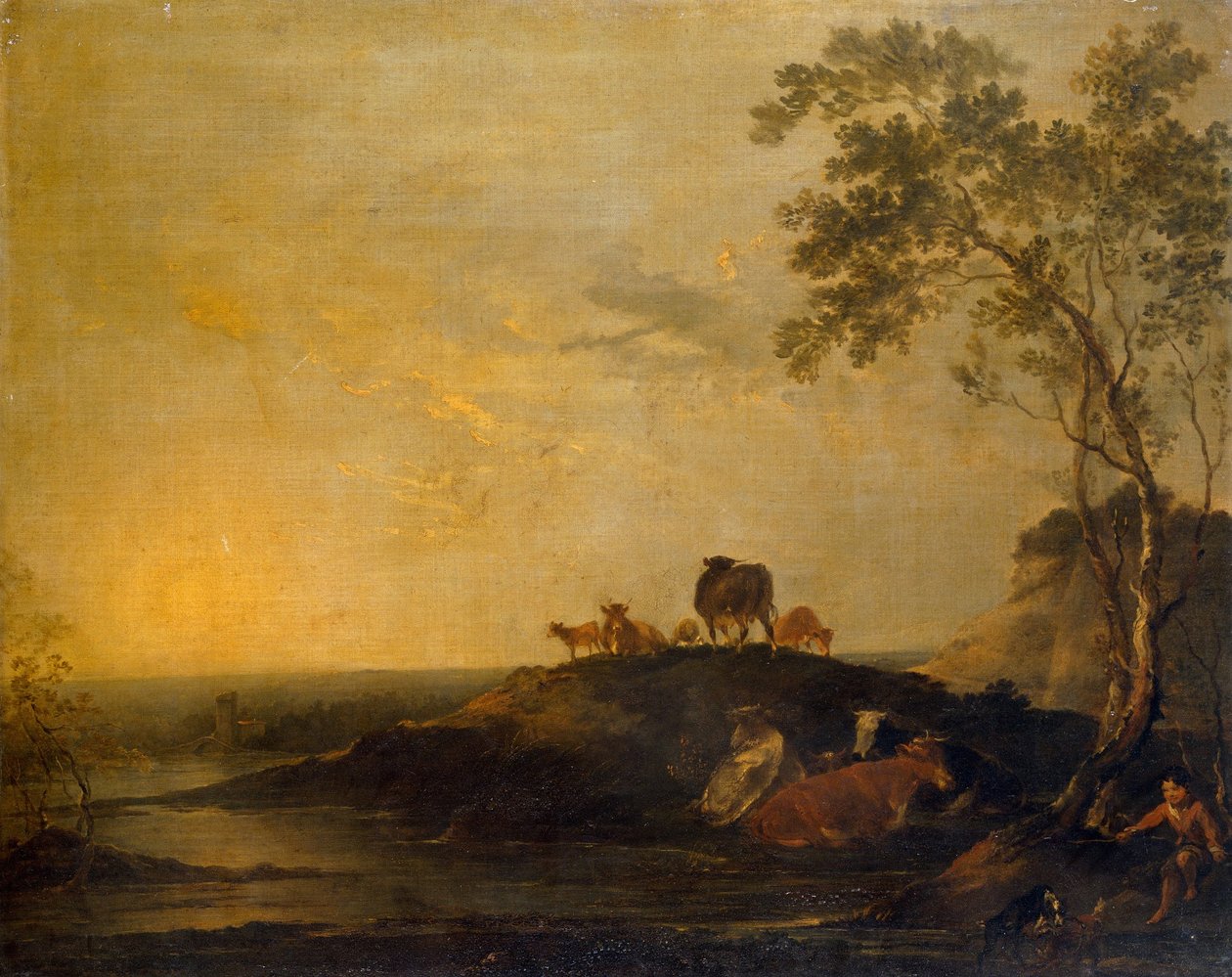 Landskap med storfe (kyr på en høyde ved en bekk) av Sir Peter Francis Bourgeois