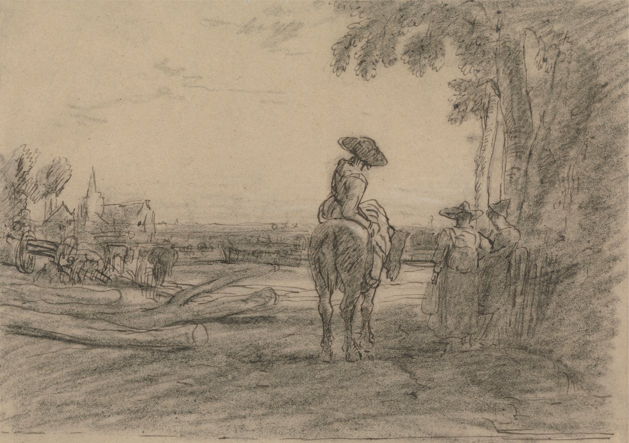 Kvinne på en hest med to stående kvinner med utsikt over et landskap av Sir Augustus Wall Callcott