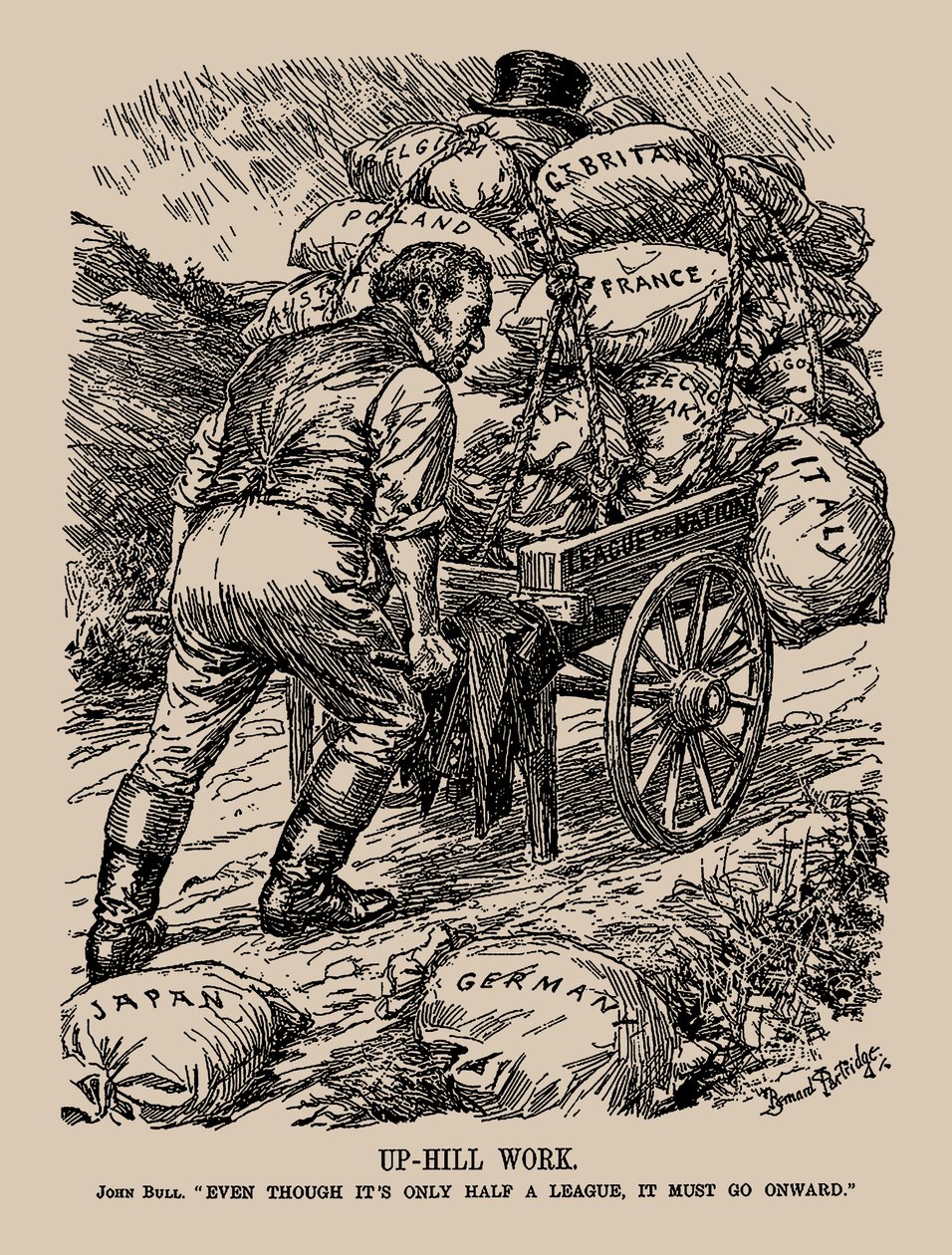 Arbeid i oppoverbakke. John Bull. Selv om det bare er en halv liga, må det fortsette, 1935. av Sir Bernard Partridge
