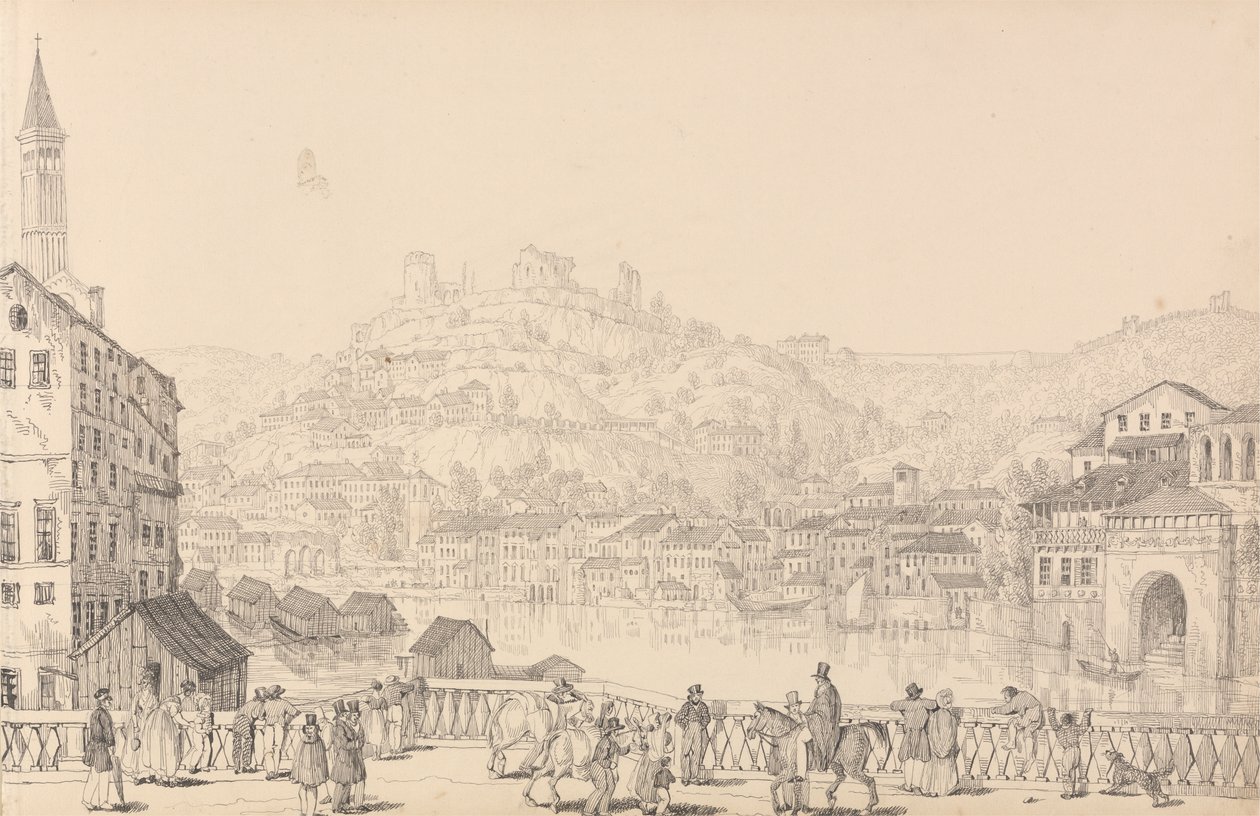 Album med 30 utsikter i Tyrol og Italia: Byen Verona og slottet San Pietro fra en annen bro, 1. november 1840 av Sir Charles D